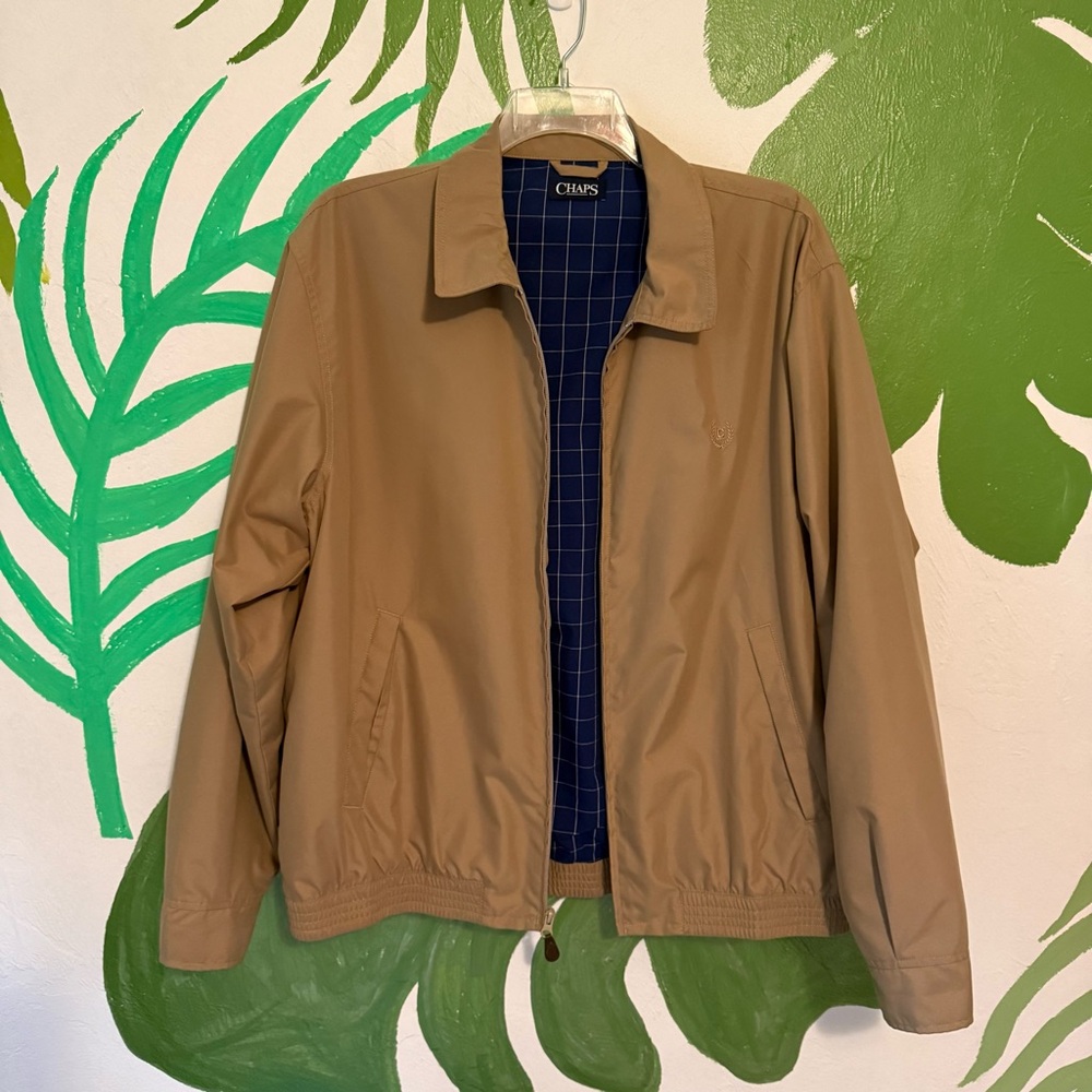 Chaps Men's Tan Lightweight Jacket with Navy Checked Lining